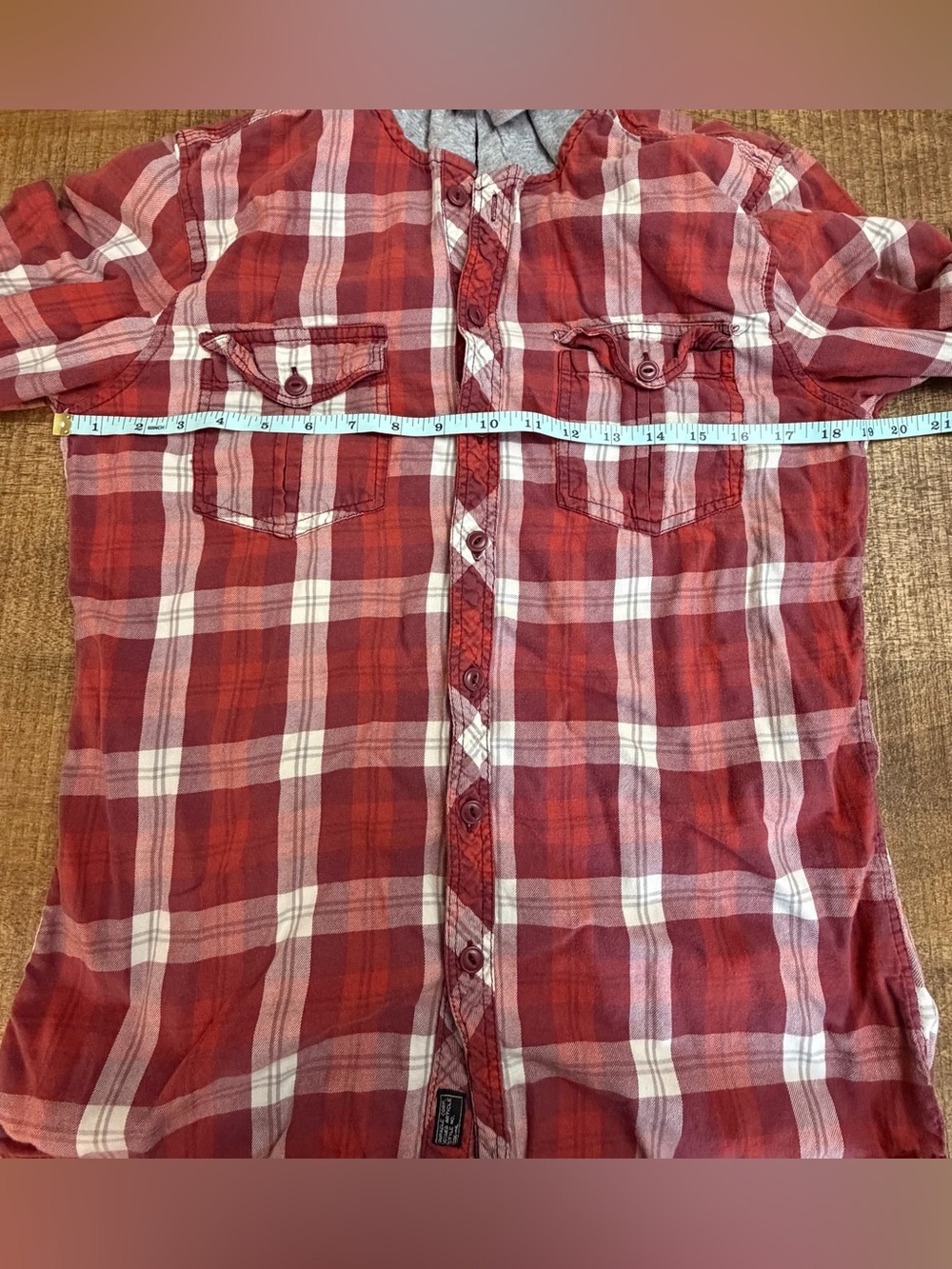 Cotton On Red and White Plaid Button-Down Shirt with Gray Hood - Picture 6 of 7